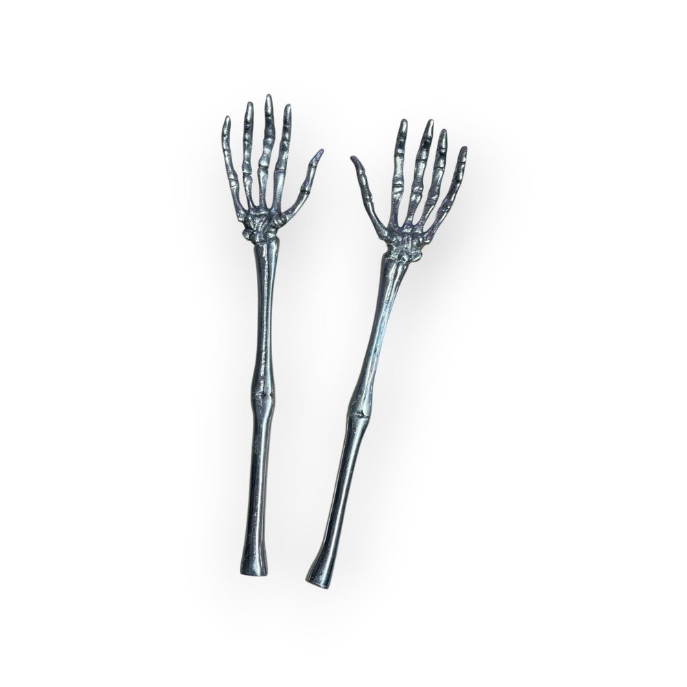 Skeleton Hand Metal Salad Servers Set Silver Gothic Halloween Decor Utensils